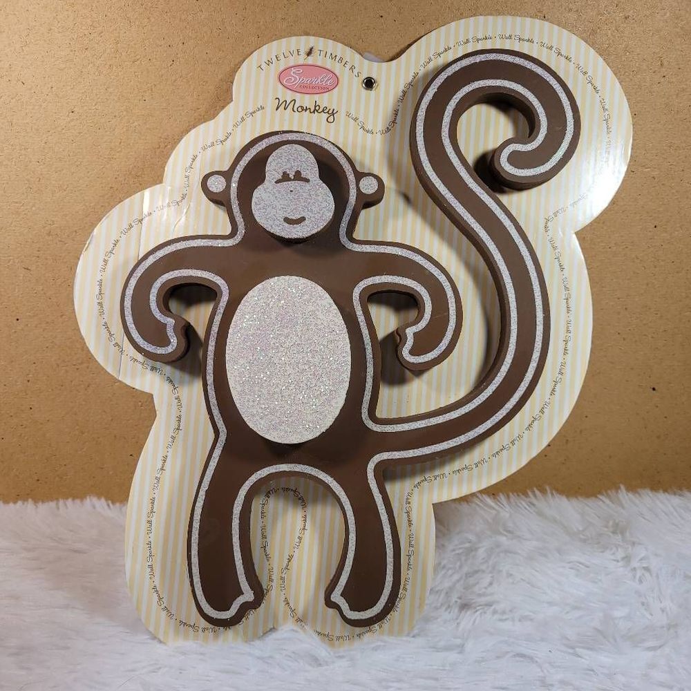 Twelve Timbers Sparkle Collection Brown 3D Monkey Sparkle Wood Decor- NIP